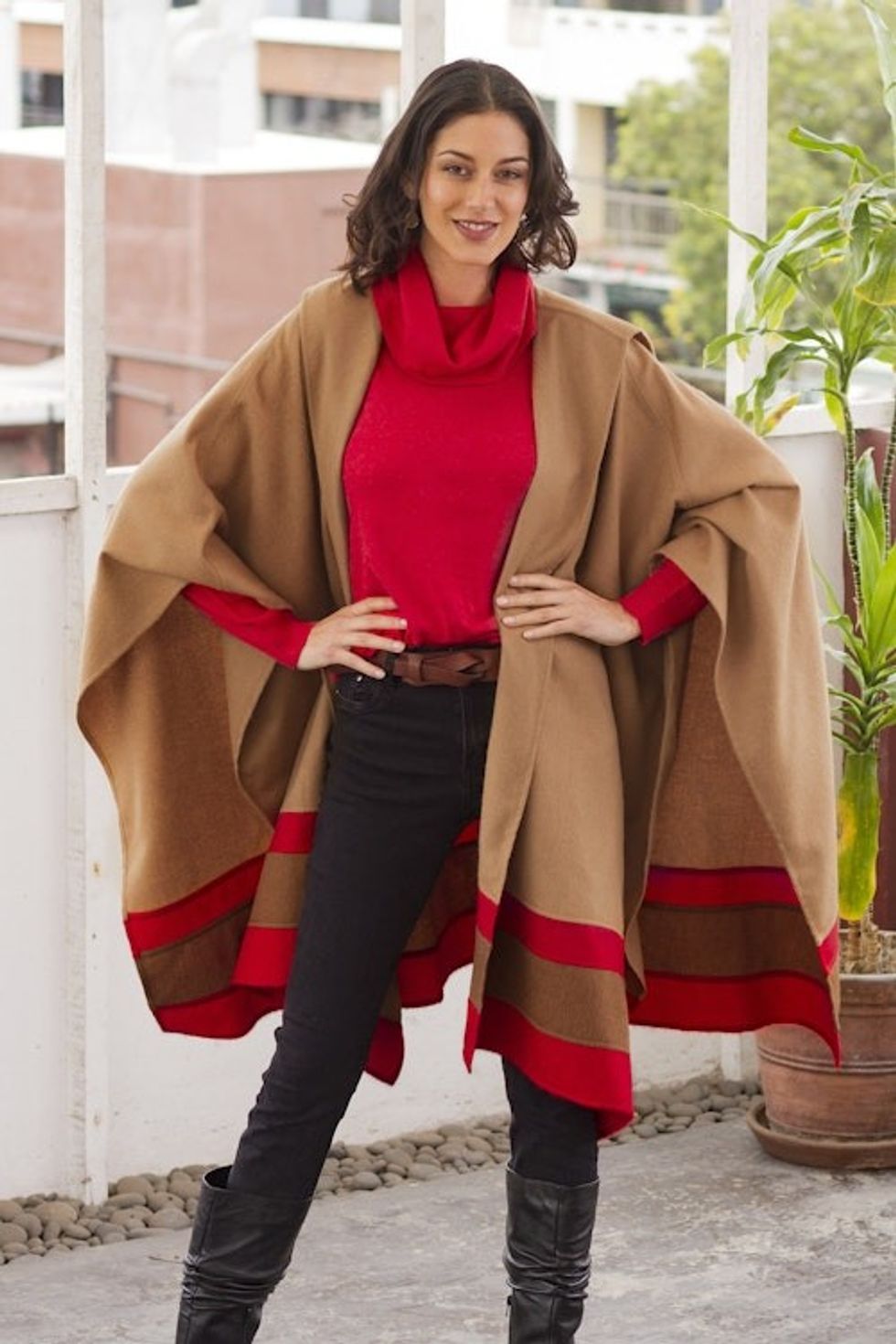 Red Trim Generous Tan Baby Alpaca Roana Cloak from Peru 'Regal Fashion Chic'