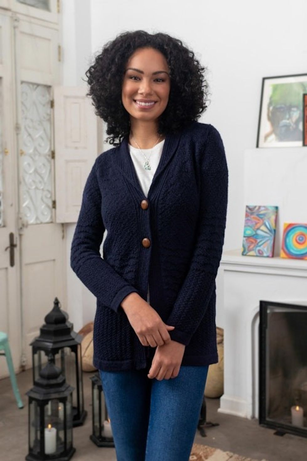 Navy Blue Alpaca Blend Button Down Cardigan Sweater 'Textures in Blue'