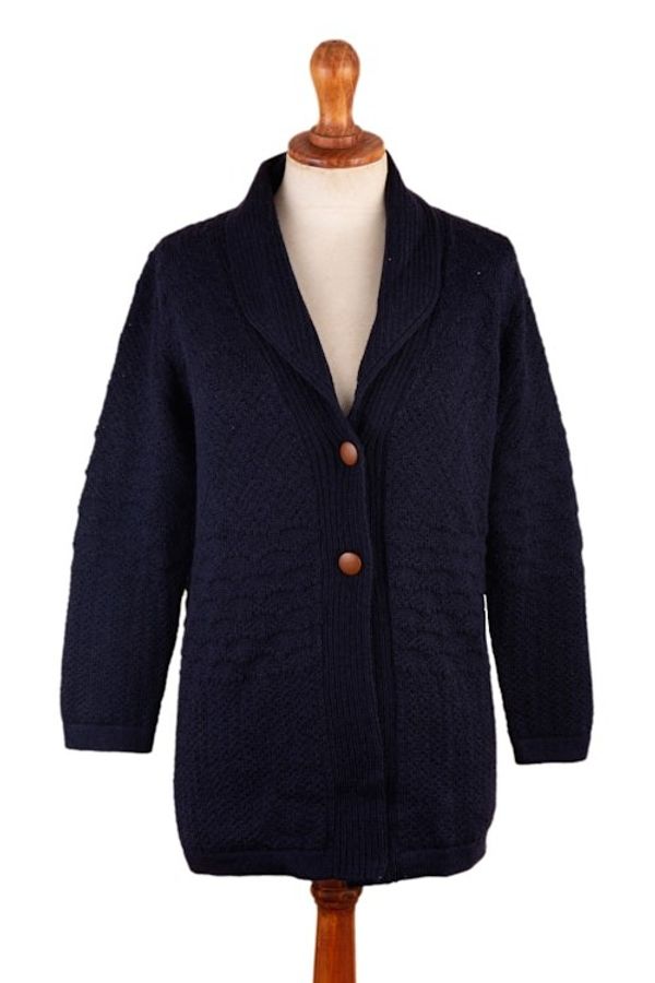 Alternate image for Navy Blue Alpaca Blend Button Down Cardigan Sweater Textures in Blue