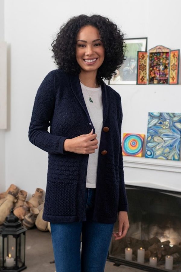 Alternate image for Navy Blue Alpaca Blend Button Down Cardigan Sweater Textures in Blue