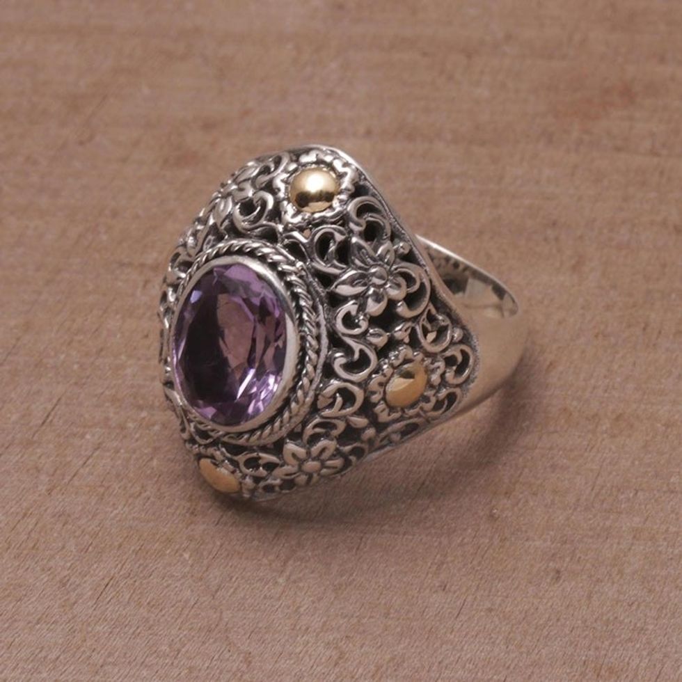 Gold-accented Amethyst Floral Cocktail Ring from Bali 'Floral Mystique'