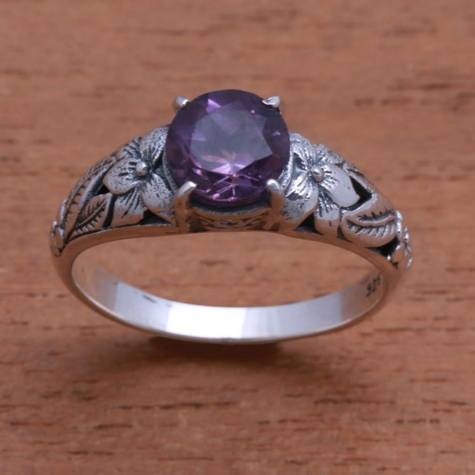 Floral Amethyst Single-Stone Ring from Bali 'Floral Glint'