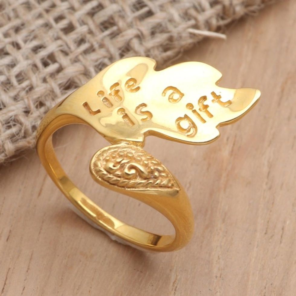 Gold-Plated Brass Wrap Ring 'Life is a Gift'