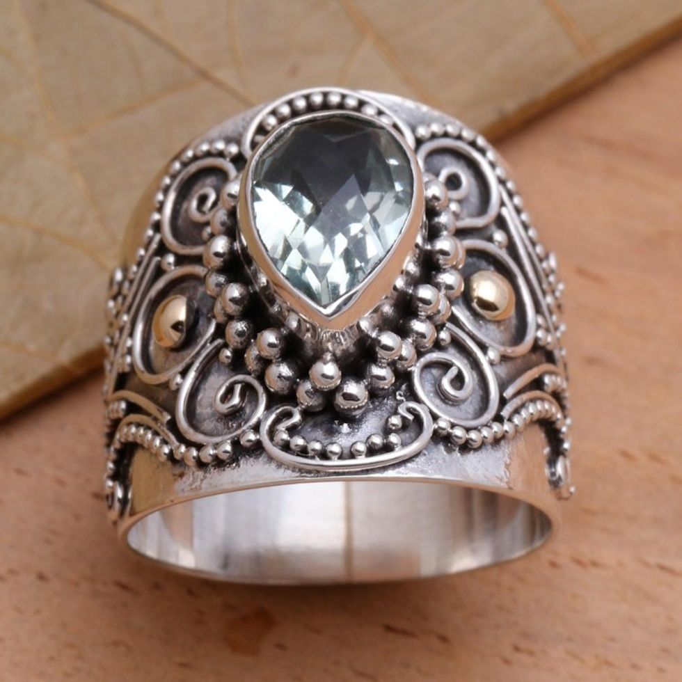 Ornate Balinese Silver and Prasiolite Ring with Gold Accents 'Checkerboard Teardrop'