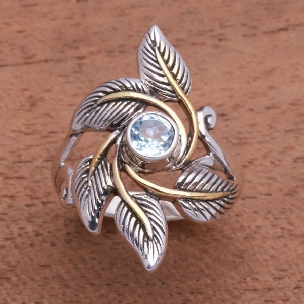 Image for Leafy Gold-Accented Blue Topaz Cocktail Ring from Bali Wreathed in Leaves