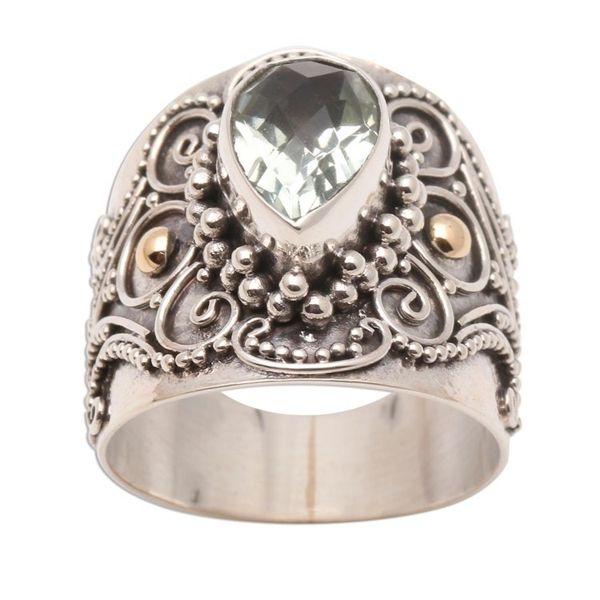 Alternate image for Ornate Balinese Silver and Prasiolite Ring with Gold Accents Checkerboard Teardrop