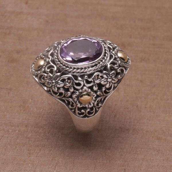 Alternate image for Gold-accented Amethyst Floral Cocktail Ring from Bali Floral Mystique