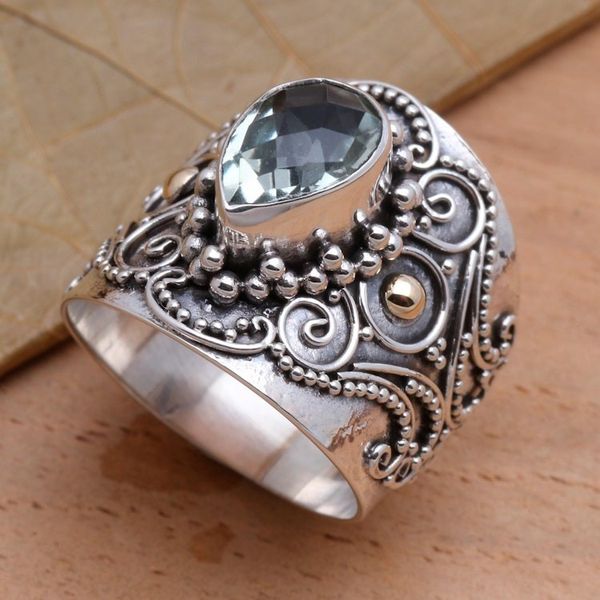 Alternate image for Ornate Balinese Silver and Prasiolite Ring with Gold Accents Checkerboard Teardrop