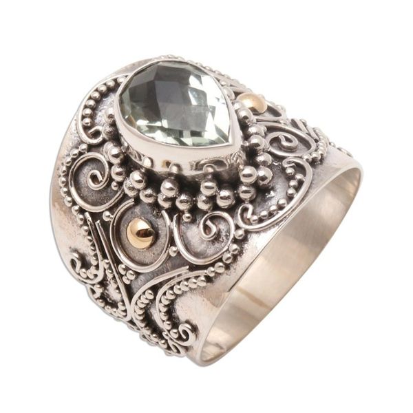 Alternate image for Ornate Balinese Silver and Prasiolite Ring with Gold Accents Checkerboard Teardrop