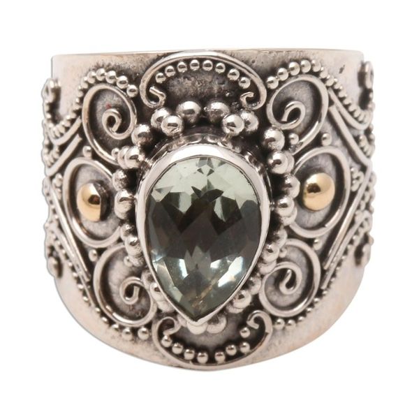 Alternate image for Ornate Balinese Silver and Prasiolite Ring with Gold Accents Checkerboard Teardrop
