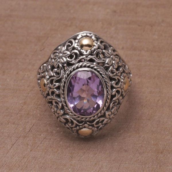 Alternate image for Gold-accented Amethyst Floral Cocktail Ring from Bali Floral Mystique