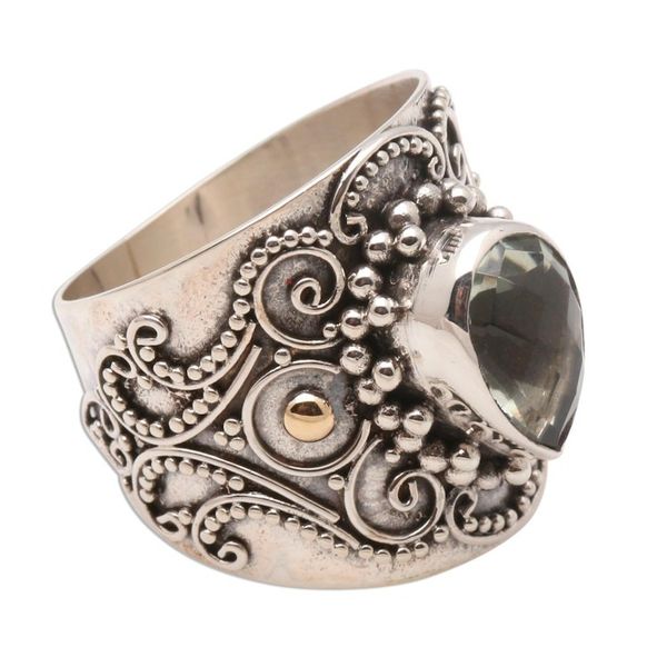 Alternate image for Ornate Balinese Silver and Prasiolite Ring with Gold Accents Checkerboard Teardrop