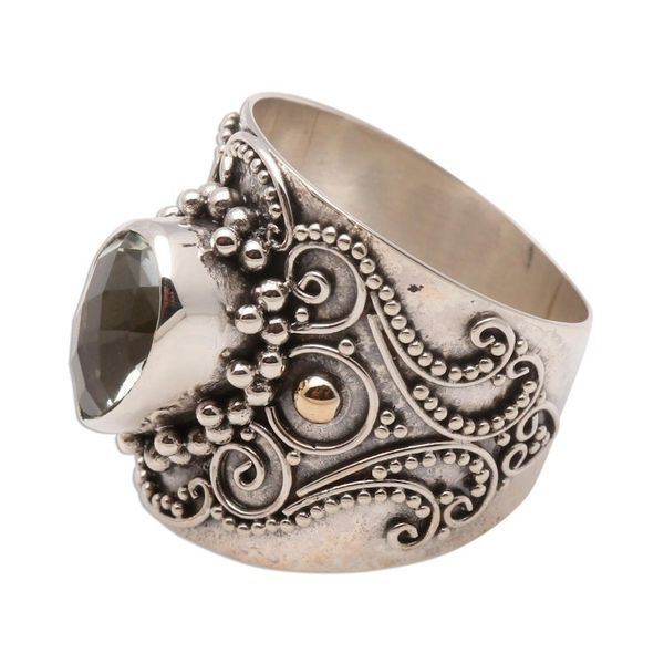 Alternate image for Ornate Balinese Silver and Prasiolite Ring with Gold Accents Checkerboard Teardrop