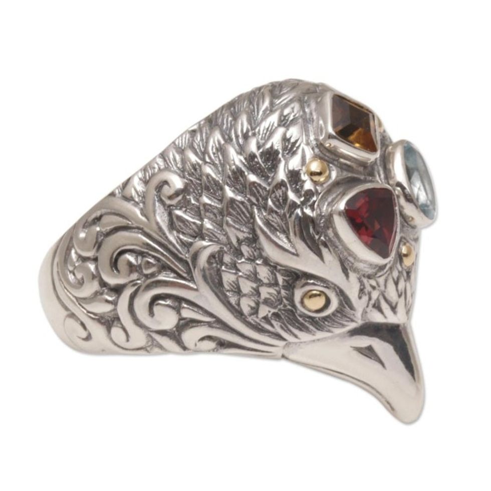 Gold Accent Multi-Gemstone Bird Cocktail Ring from Bali 'Starling Charisma'