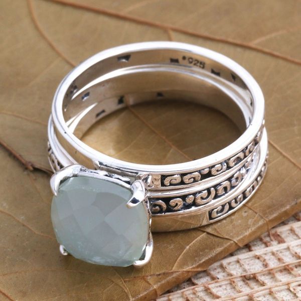 Alternate image for Checkerboard Facet Chalcedony Sterling Silver Cocktail Ring Buddhas Curls in Aqua