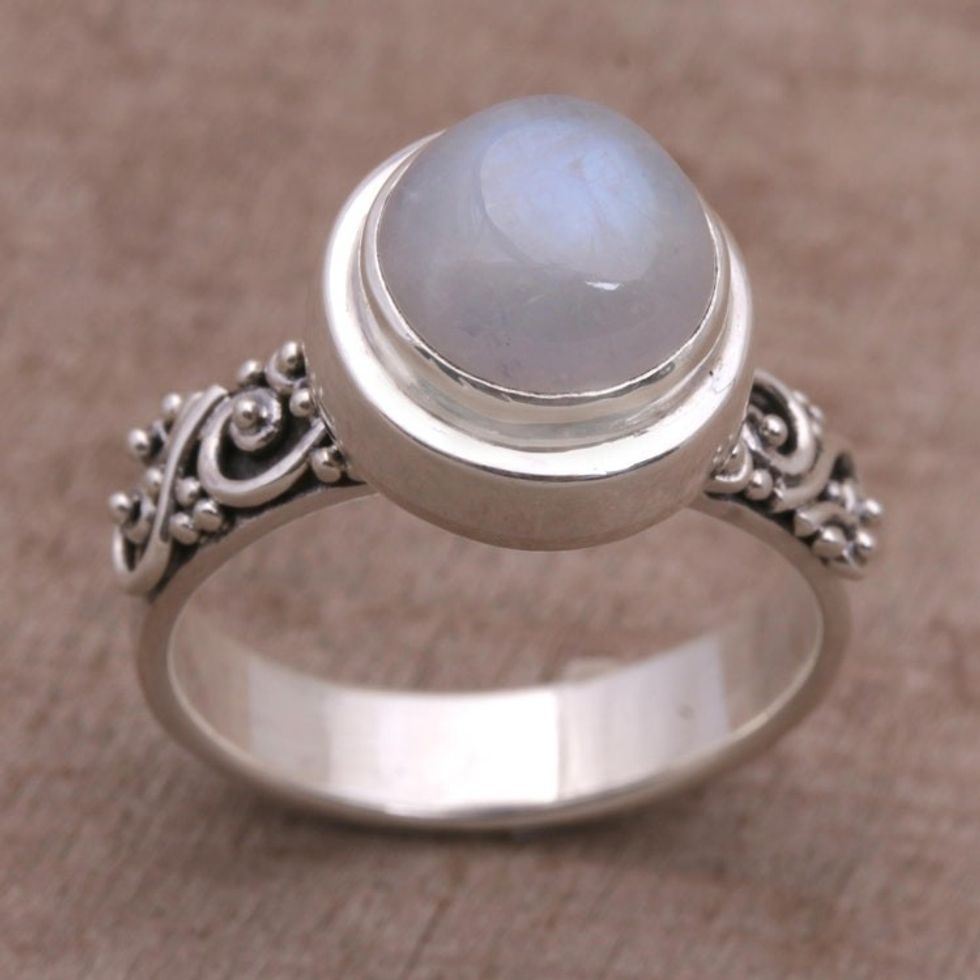 Rainbow Moonstone and Sterling Silver Ring from Bali 'Translucent Forest'