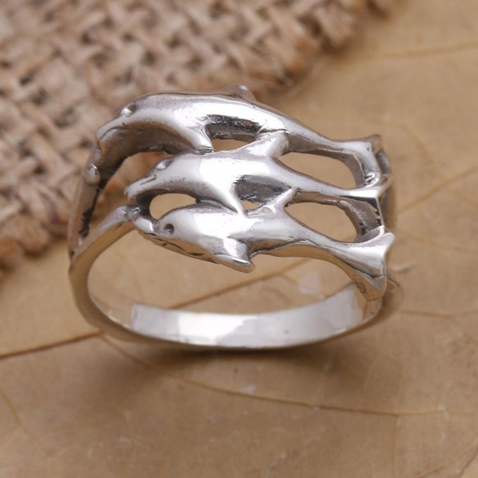 Sterling Silver Dolphin-Themed Cocktail Ring 'Synchronized Swimmers'