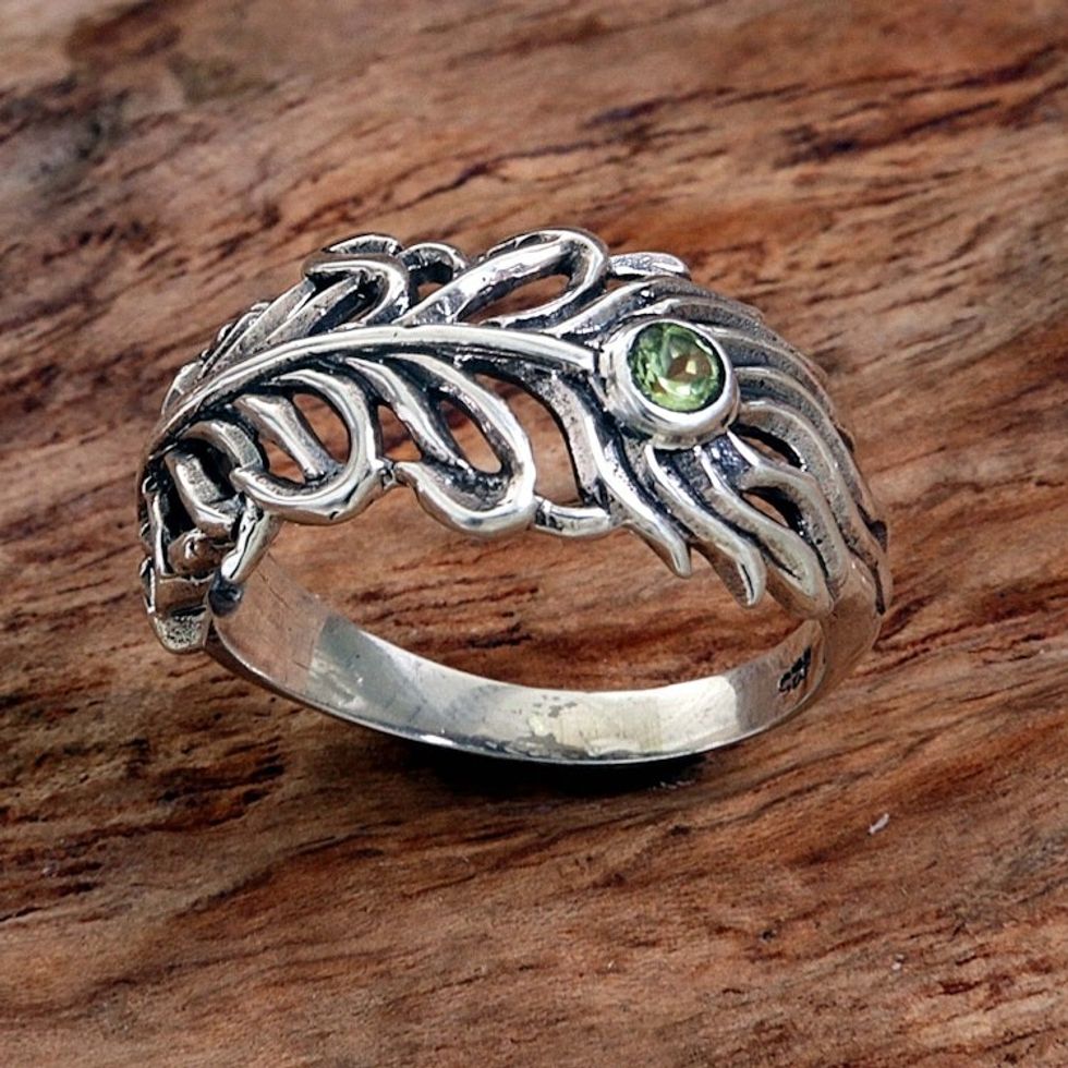 Peridot Sterling Silver Feather Band Ring from Indonesia 'Feather Light'