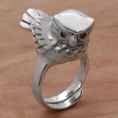 Alternate image for Artisan Crafted Sterling Silver Owl Cocktail Ring from Bali Perched Owl