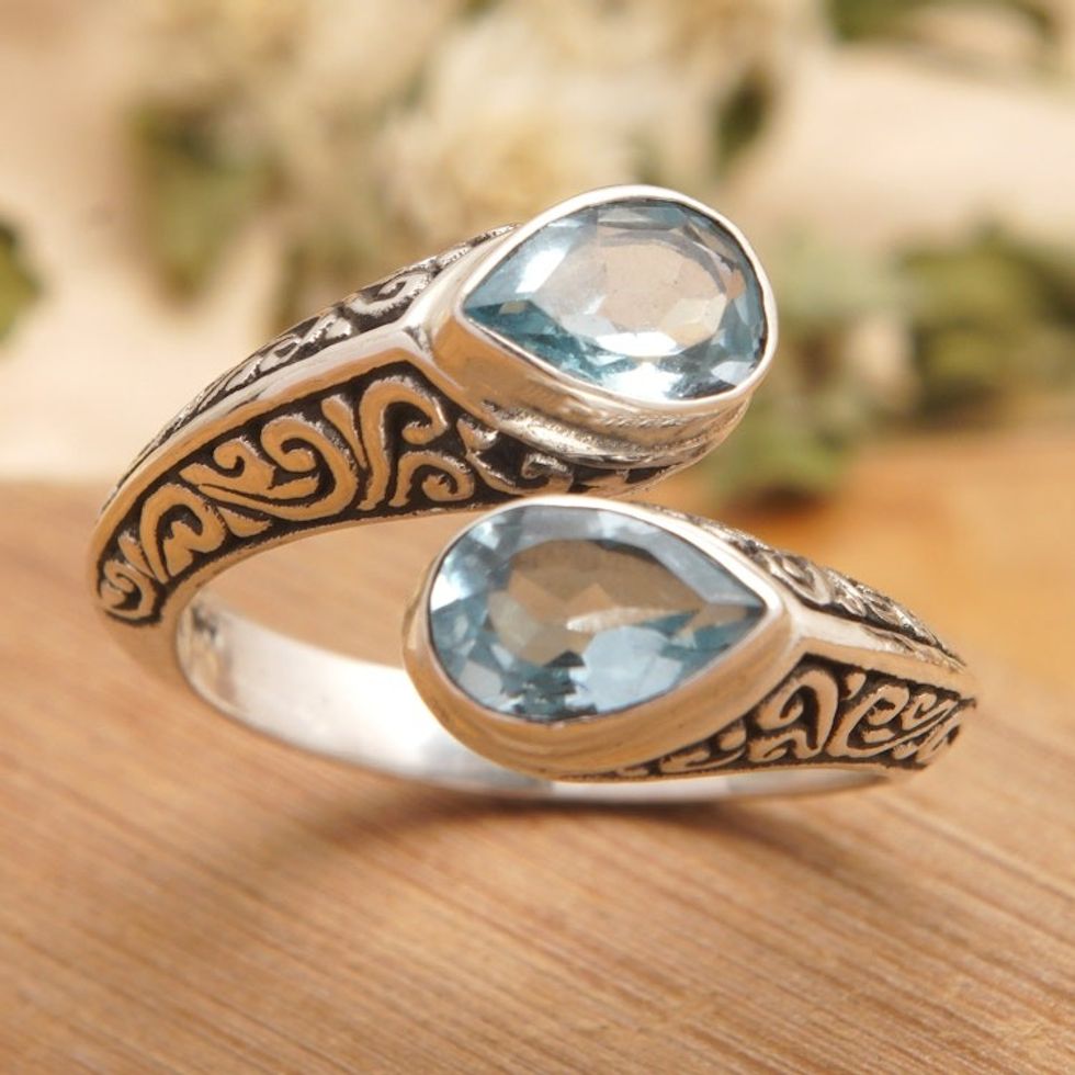 Sterling Silver Wrap Ring with Two Faceted Blue Topaz Stones 'Two Marvels'