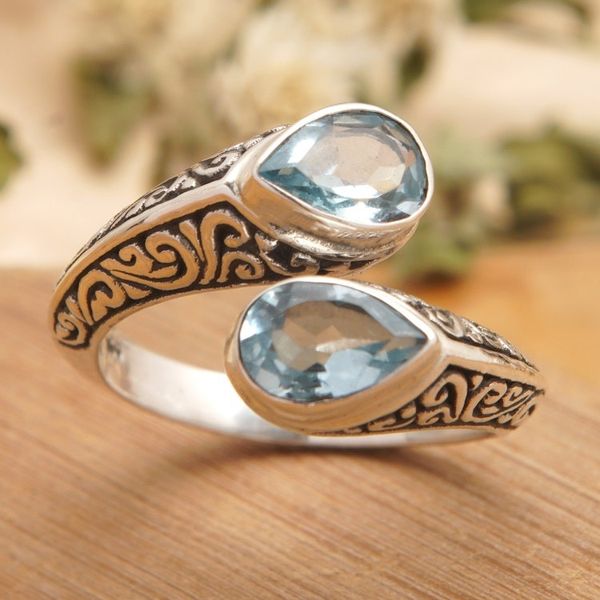 Alternate image for Sterling Silver Wrap Ring with Two Faceted Blue Topaz Stones Two Marvels