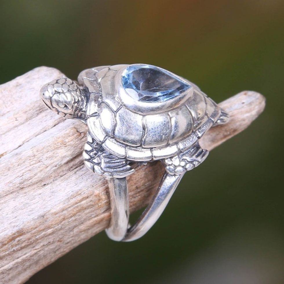 925 Sterling Silver Animal Theme Turtle Ring with Blue Topaz 'Turtle Empathy'