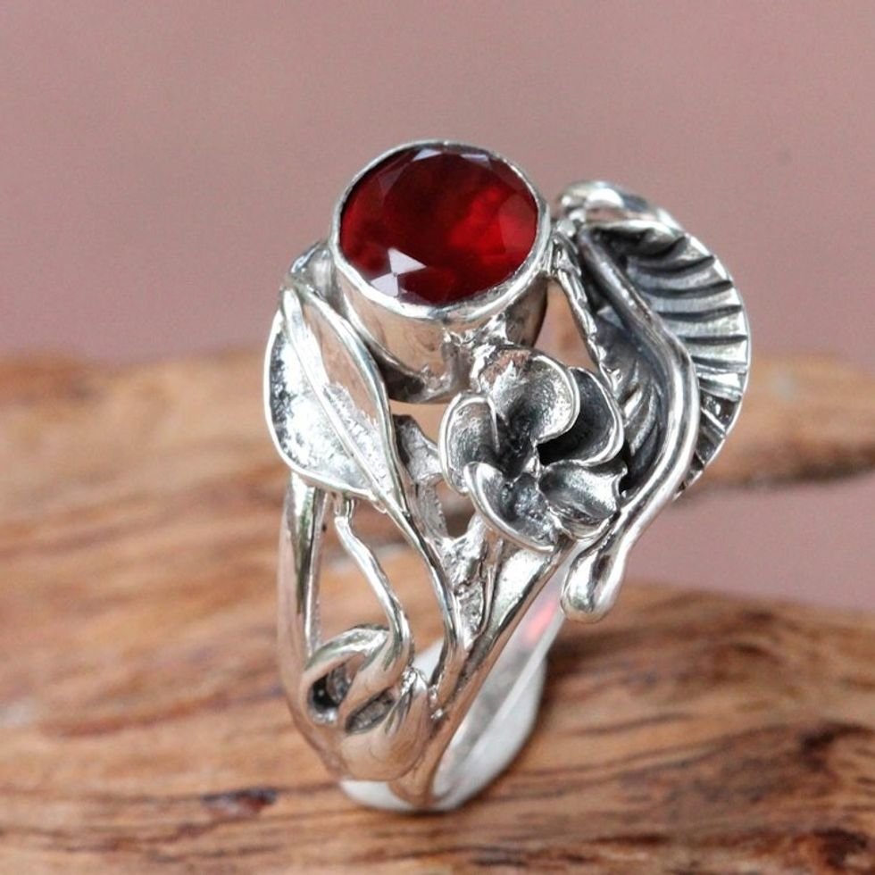 Fair Trade Floral Garnet and Silver Ring 'Frangipani Bouquet'