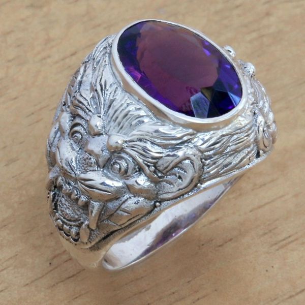 Alternate image for Barong Theme Mens Sterling Silver and Amethyst Ring Benevolent Barong