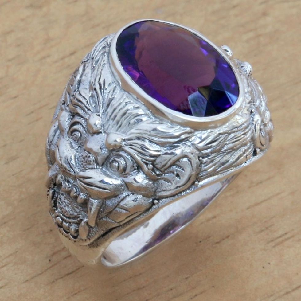 Barong Theme Men's Sterling Silver and Amethyst Ring 'Benevolent Barong'