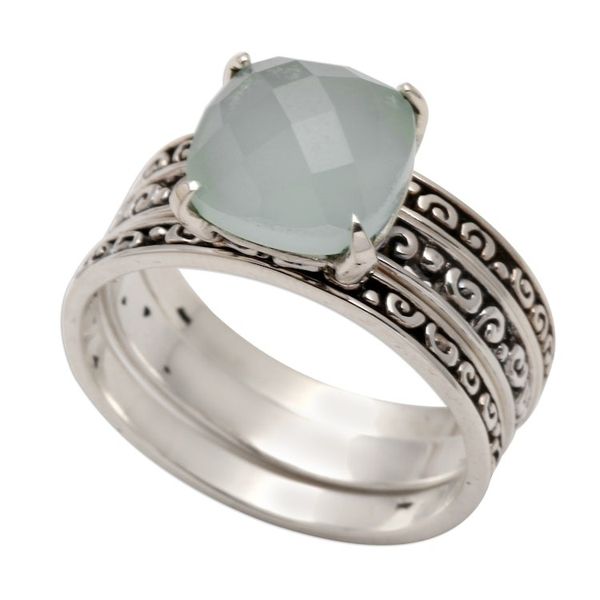 Alternate image for Checkerboard Facet Chalcedony Sterling Silver Cocktail Ring Buddhas Curls in Aqua