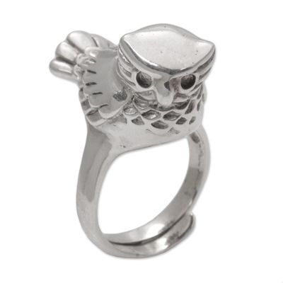 Alternate image for Artisan Crafted Sterling Silver Owl Cocktail Ring from Bali Perched Owl