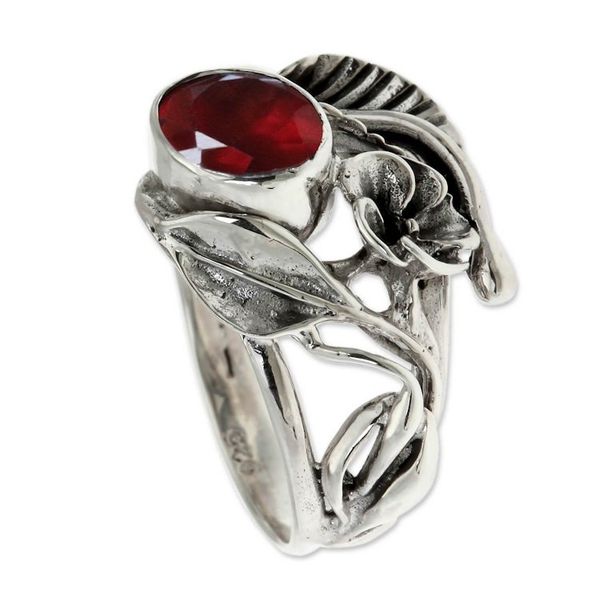 Alternate image for Fair Trade Floral Garnet and Silver Ring Frangipani Bouquet