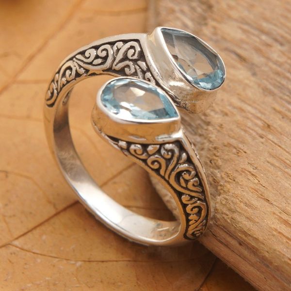 Alternate image for Sterling Silver Wrap Ring with Two Faceted Blue Topaz Stones Two Marvels