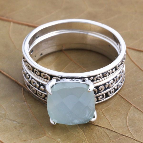 Alternate image for Checkerboard Facet Chalcedony Sterling Silver Cocktail Ring Buddhas Curls in Aqua