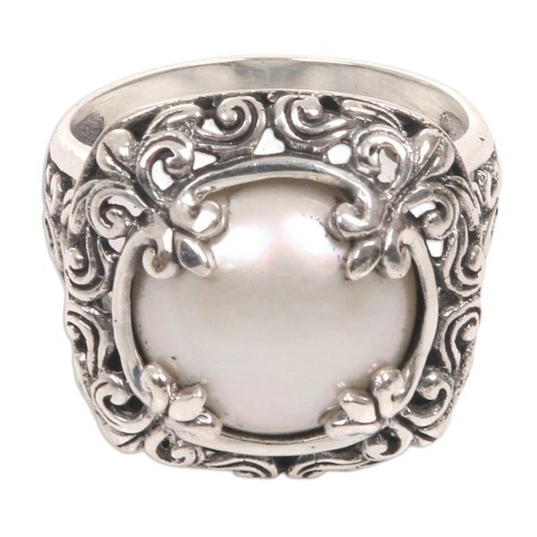 Alternate image for Mabe Pearl and Sterling Silver Floral Motif Cocktail Ring White Lunar