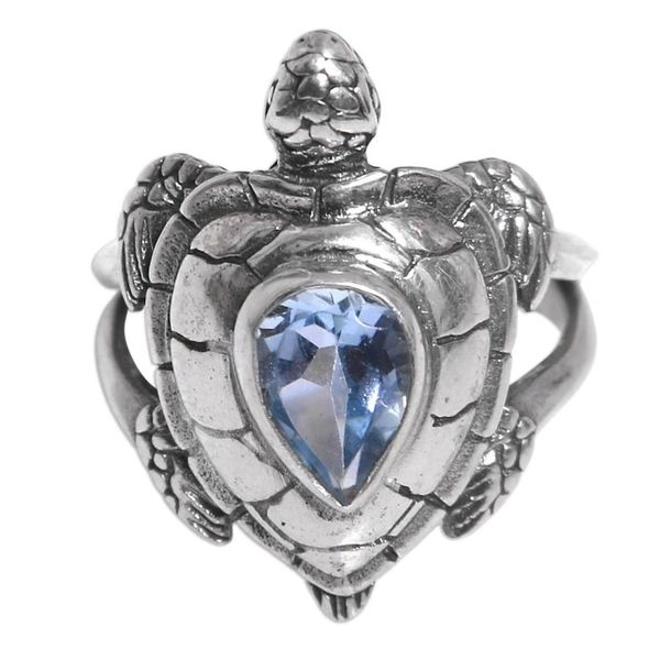 Alternate image for 925 Sterling Silver Animal Theme Turtle Ring with Blue Topaz Turtle Empathy