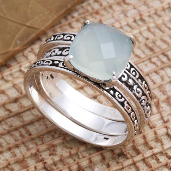Alternate image for Checkerboard Facet Chalcedony Sterling Silver Cocktail Ring Buddhas Curls in Aqua
