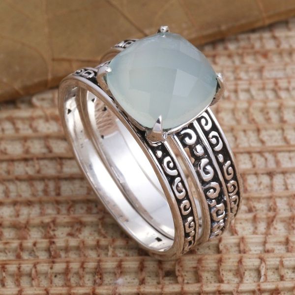 Alternate image for Checkerboard Facet Chalcedony Sterling Silver Cocktail Ring Buddhas Curls in Aqua
