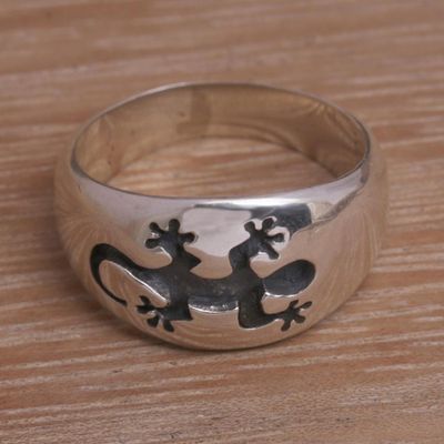 Alternate image for Mens Sterling Silver Gecko Band Ring with Gecko Motif Grand Gecko