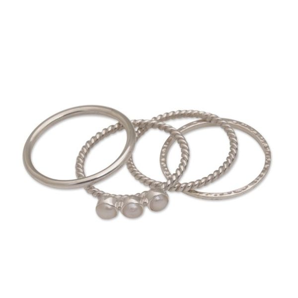 Alternate image for 925 Sterling Silver Cultured Pearl Stacking Rings Set of 4 United Moons