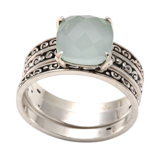 Alternate image for Checkerboard Facet Chalcedony Sterling Silver Cocktail Ring Buddhas Curls in Aqua