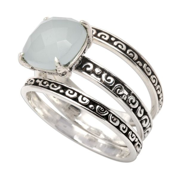 Alternate image for Checkerboard Facet Chalcedony Sterling Silver Cocktail Ring Buddhas Curls in Aqua