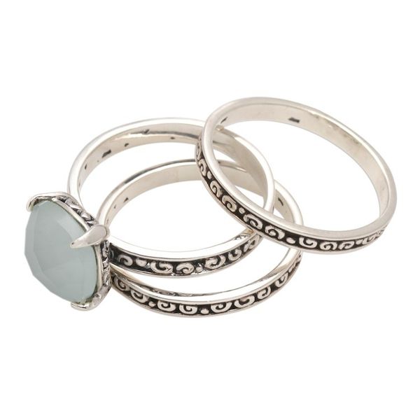 Alternate image for Checkerboard Facet Chalcedony Sterling Silver Cocktail Ring Buddhas Curls in Aqua