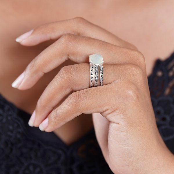 Alternate image for Checkerboard Facet Chalcedony Sterling Silver Cocktail Ring Buddhas Curls in Aqua