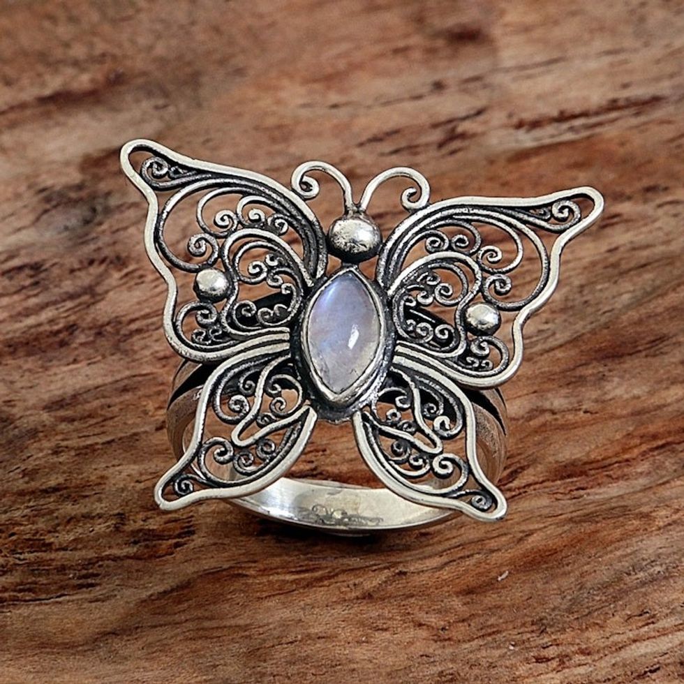 Rainbow Moonstone Butterfly Cocktail Ring from Indonesia 'Open Wings'