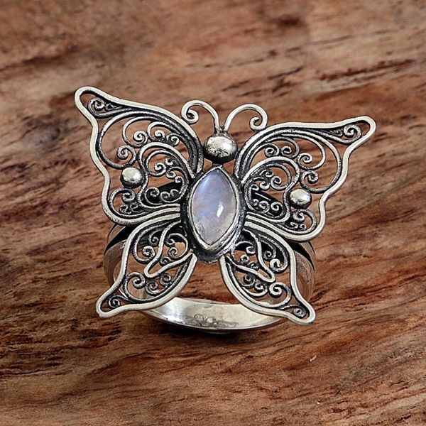Alternate image for Rainbow Moonstone Butterfly Cocktail Ring from Indonesia Open Wings