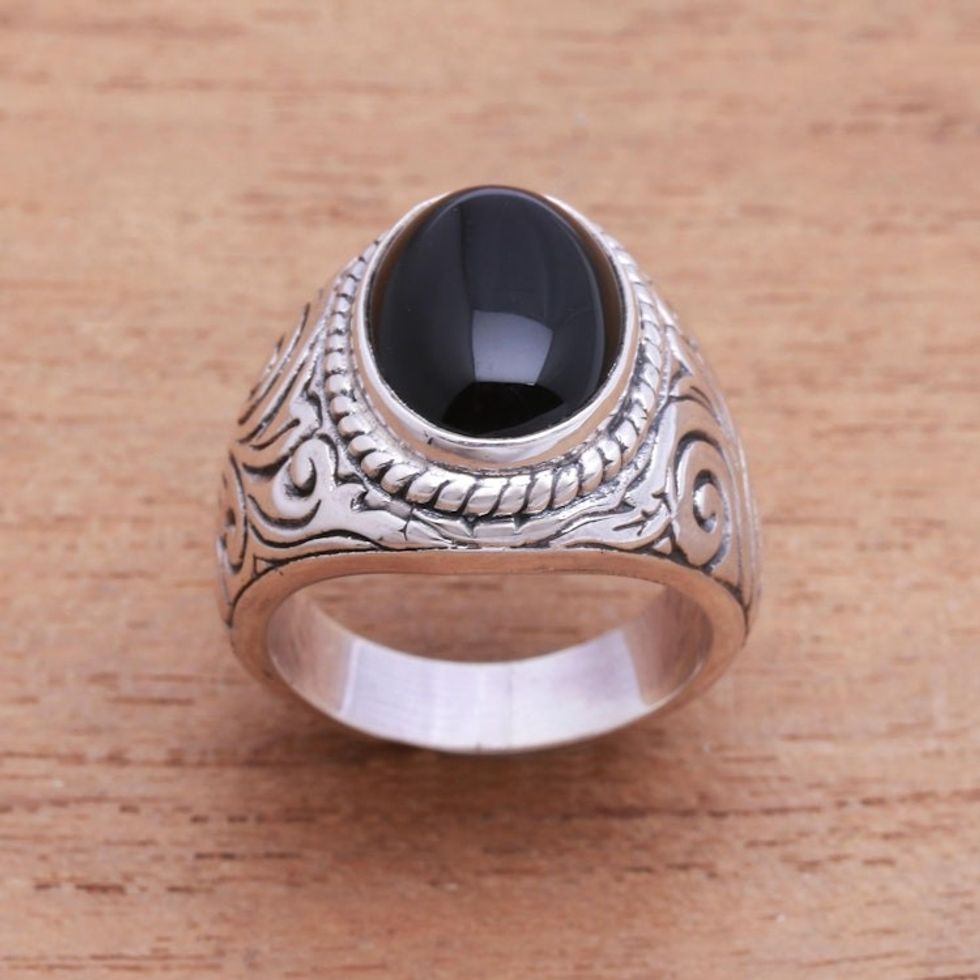 Swirl Pattern Onyx Single-Stone Ring from Bali 'Night Breeze'