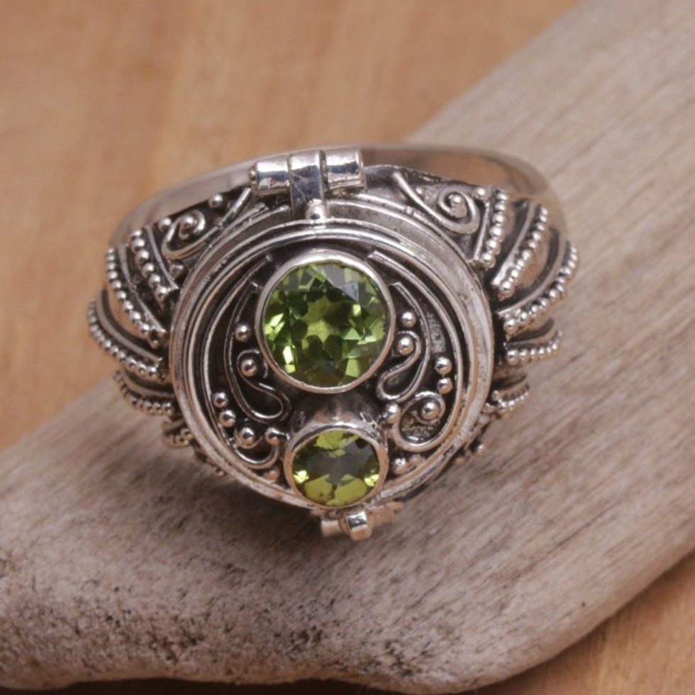 Sterling Silver Peridot Locket Ring from Bali 'Peace Box'