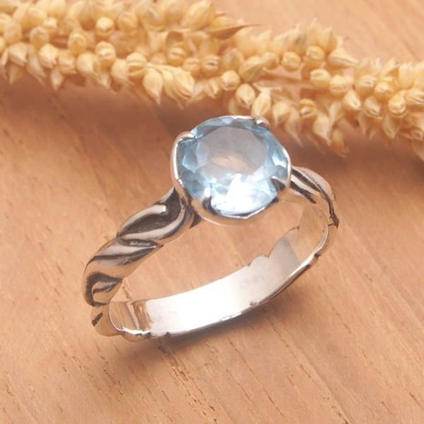 Alternate image for Ocean-Themed Sterling Silver Ring with Faceted Blue Topaz Marine Gem