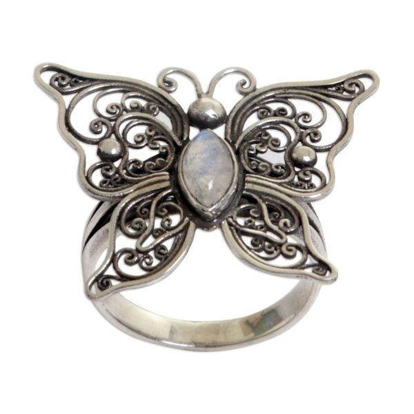 Alternate image for Rainbow Moonstone Butterfly Cocktail Ring from Indonesia Open Wings